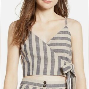 ASTR Linen-Blend Wrap Crop Top In Navy & Tan Stripe Women's Size Small